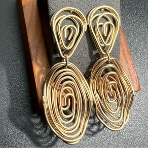 Gold Tone Wire Wrap Dangle Statement Earrings Wire Oval Two Piece Dangles